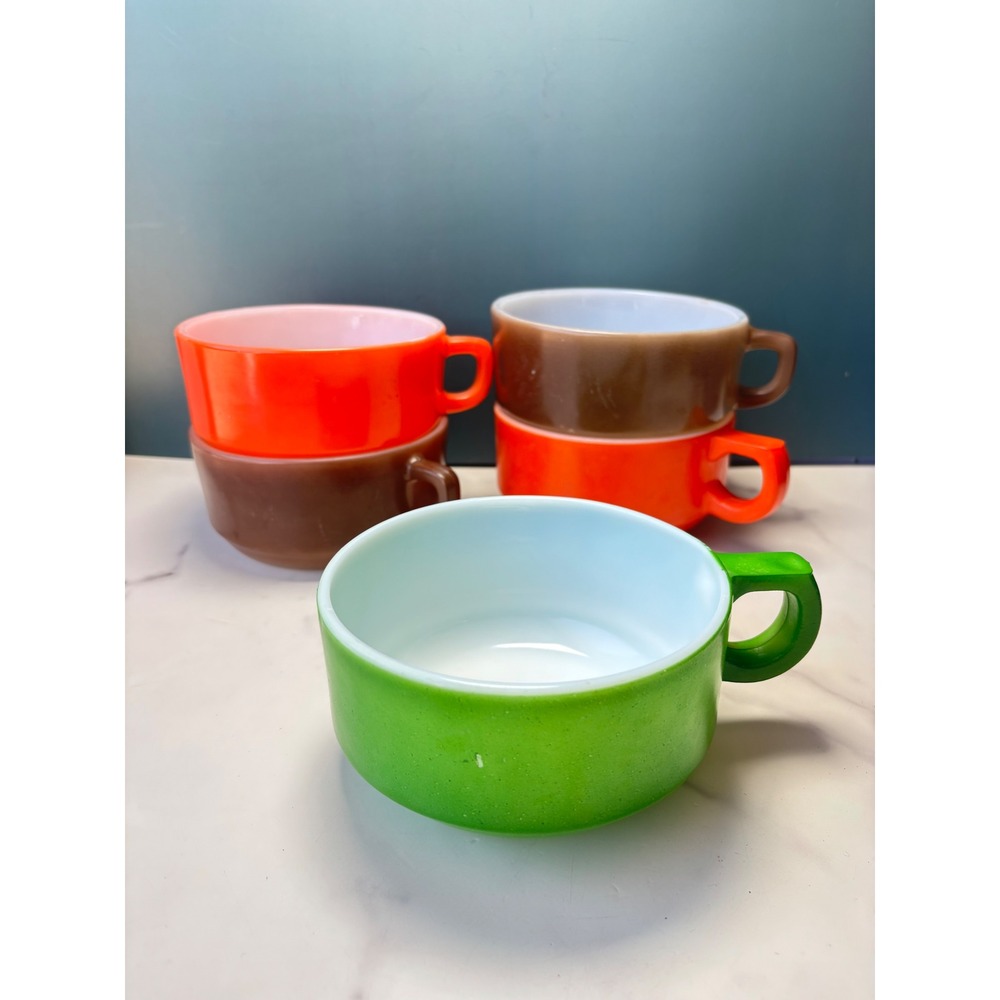 Vintage Fire King Anchor Hocking Stackable Milk Glass Soup Mugs Bowls 5 Pc